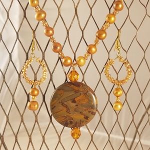 Freshwater Pearl & Bamboo Jasper Necklace & Earrin